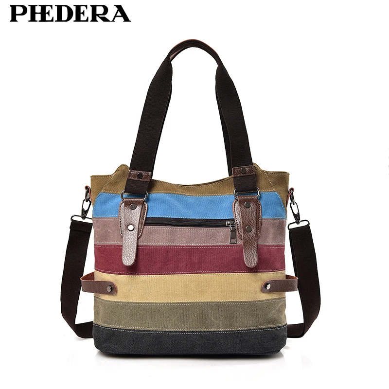 New Fashion Rainbow Women Shoulder Bags High Quality Canvas Casual Female Handbags Striped Ladies Bag Women Purse 2019 Hot