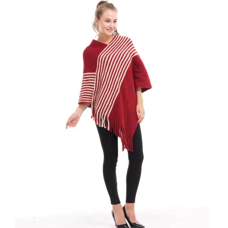 Ассиметричный женский негабаритный свитер с рукавами «летучая мышь», Свободный вязаный свитер, Женский Длинный пуловер, свитер, полосатый плащ-накидка - Цвет: Красный