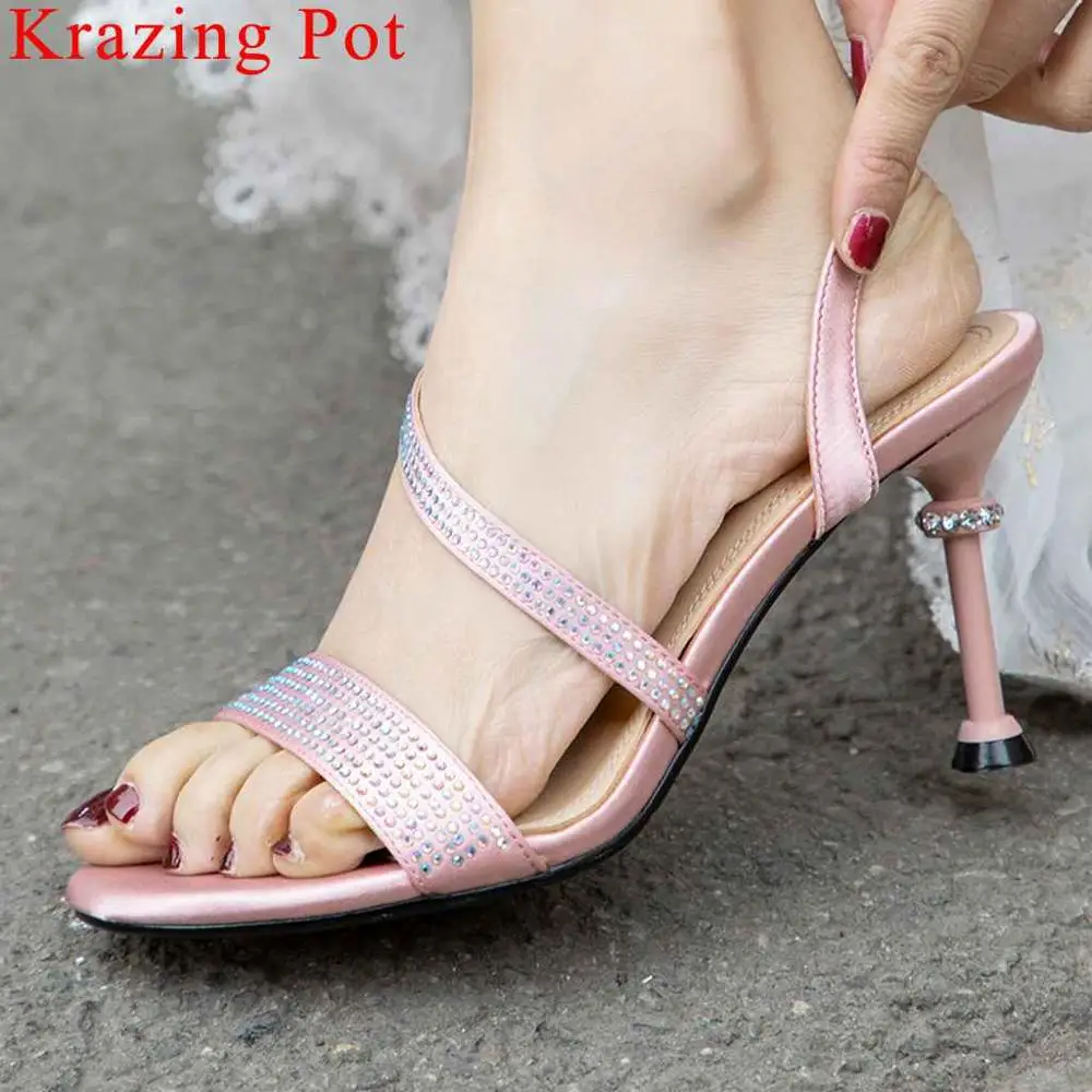 

Krazing Pot new satin material crystal decoration high heels slip on women sandals peep square toe modern girls sexy shoes L99