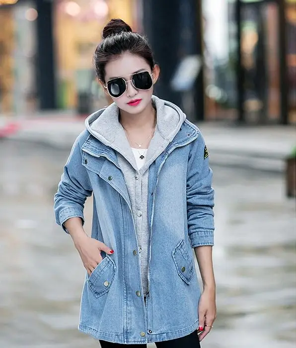 

Large size women 's winter new denim jacket loose windbreaker hooded two - piece suit