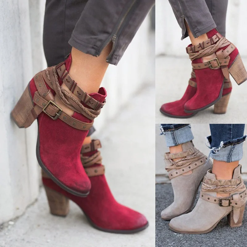 

Women's Rivet Autumn Ankle Boots 2018 Ladies Gladiator Zip Thick Heel Fashion Plus Size Shoes Female Buckle Strap High Heels