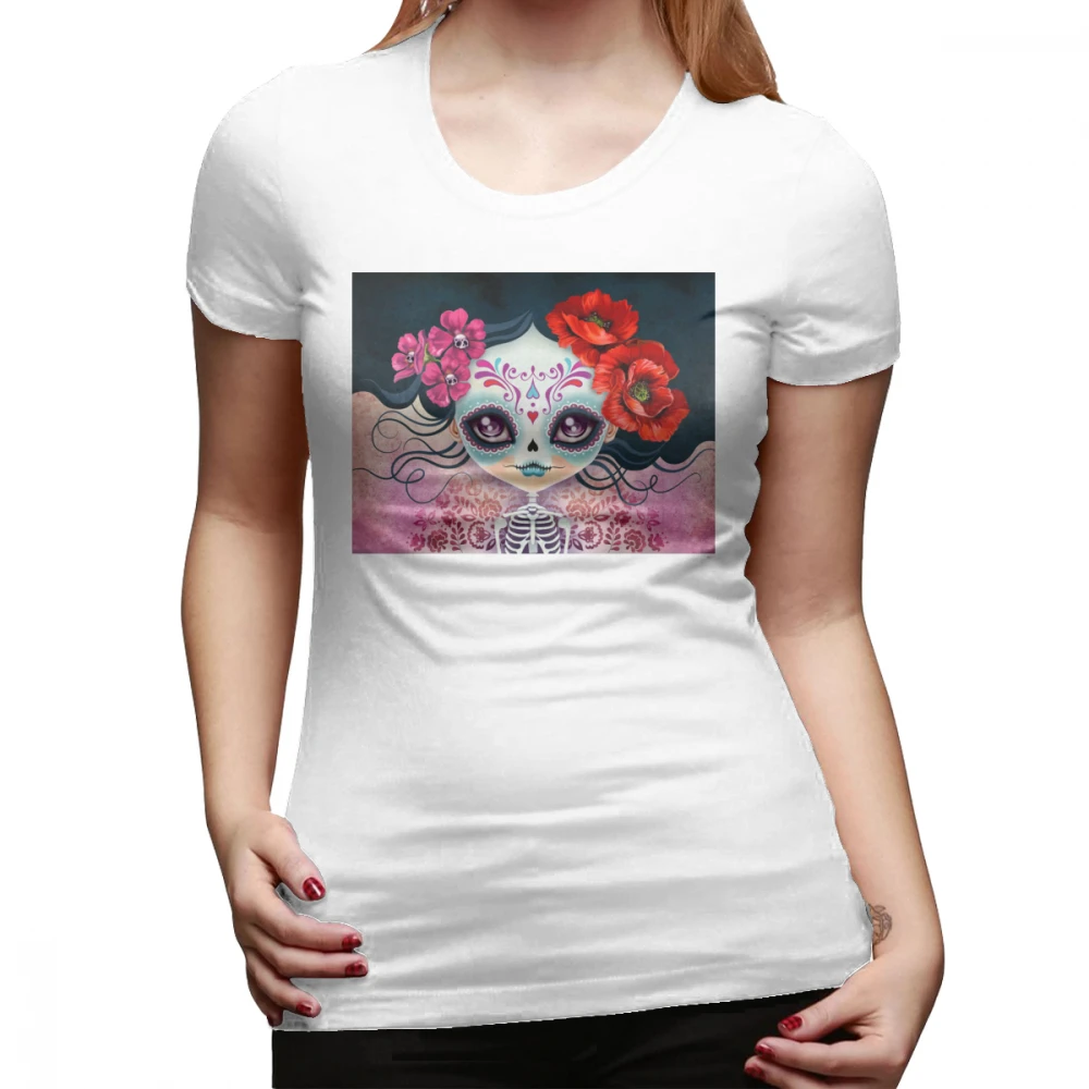 عظام الجمجمة تي شيرت أميليا Calavera السكر الجمجمة T قميص مطبوعة القطن المرأة التي شيرت يا الرقبة عارضة العصرية الفضة السيدات المحملة قميص
