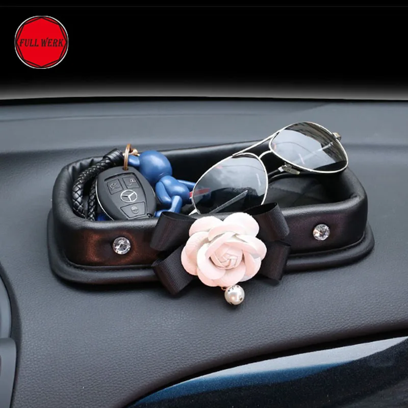 Pаспродажа Приборной панели автомобиля коробка для хранения из искусственной кожи Организатор цветок камелии Автомобильный интерьер украсить консол...