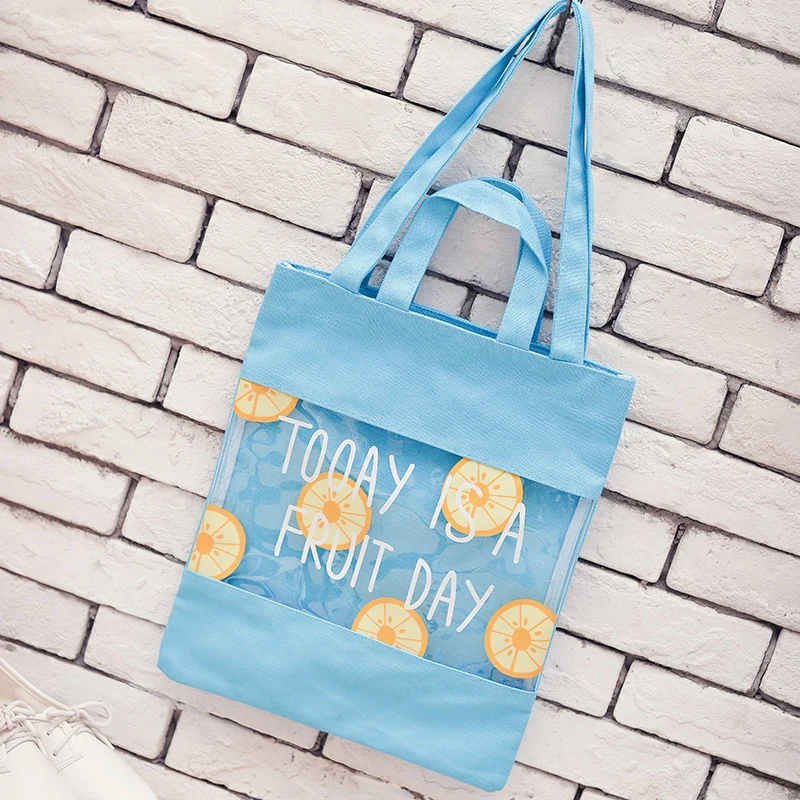 

5PCS / LOT Fresh Transparent Stitching Fruit English Canvas Shopping Bag Jelly Beach Lovely Women Single Shoulder Bag