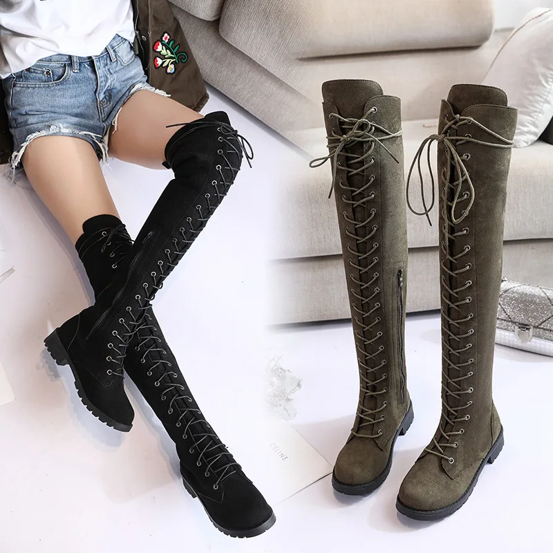 

Round Toe Zip Casual Women Over-the-Knee Boots Low Fashion Flock Long Thigh Boots Square Heel Solid Cross-tied Winter Shoes