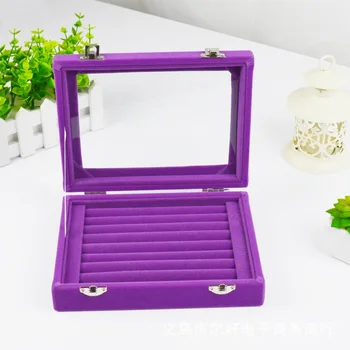 

2017 Newest Purple 8 Booths Velvet Carrying Case with Glass Cover Jewelry Ring Display Box Tray Holder Storage Box Organizer
