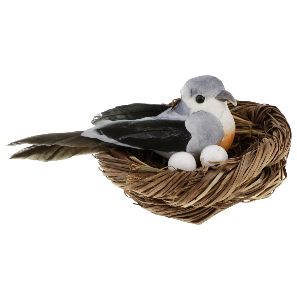 Mini Feather Foam Bird Artificial Hay Bird Nest & Birds Eggs for Indoor Outdoor Plant Ornament Yard Garden Decor