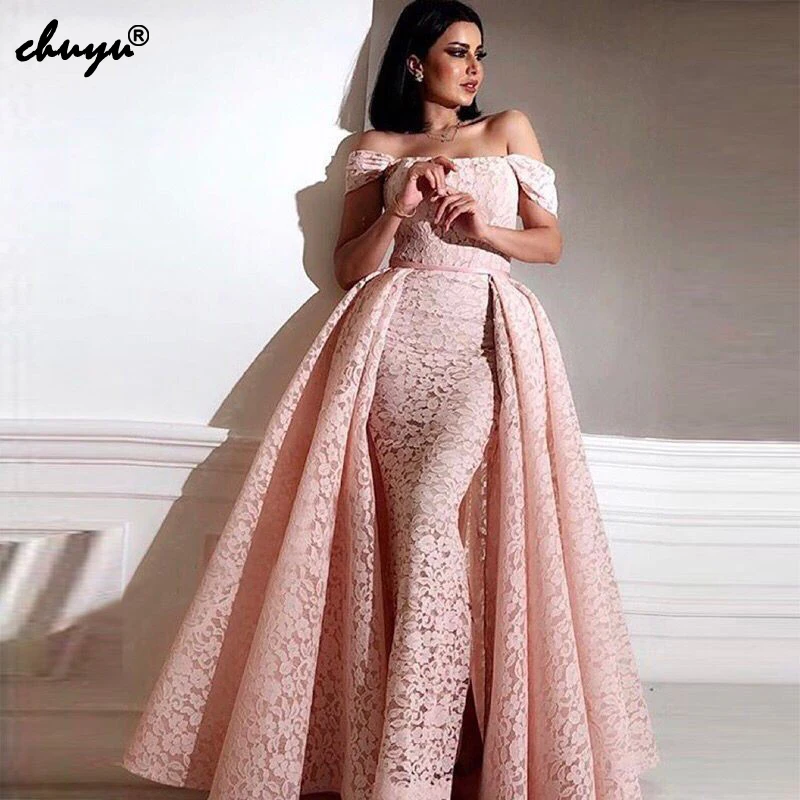 

Pink Arabic Evening Dresses Lace Mermaid Lace Off the Shoulder Detachable Train Illusion Kaftan Dubai Formal Evening Gowns
