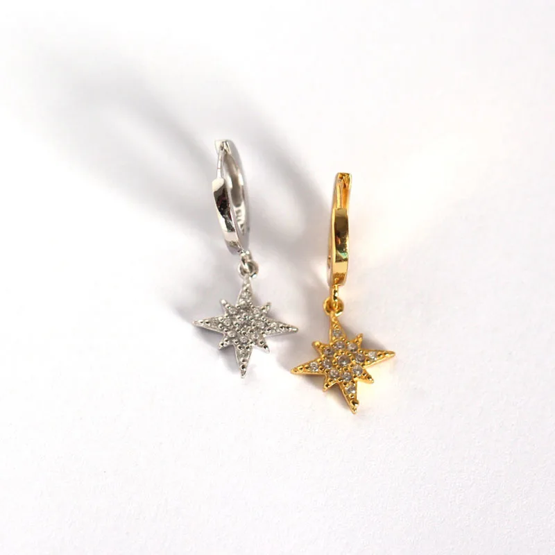 WTLTC 925 пробы серебряные серьги-кольца North Star CZ для женщин, блестящие маленькие серьги Starburst, изящные серьги-подвески Huggie