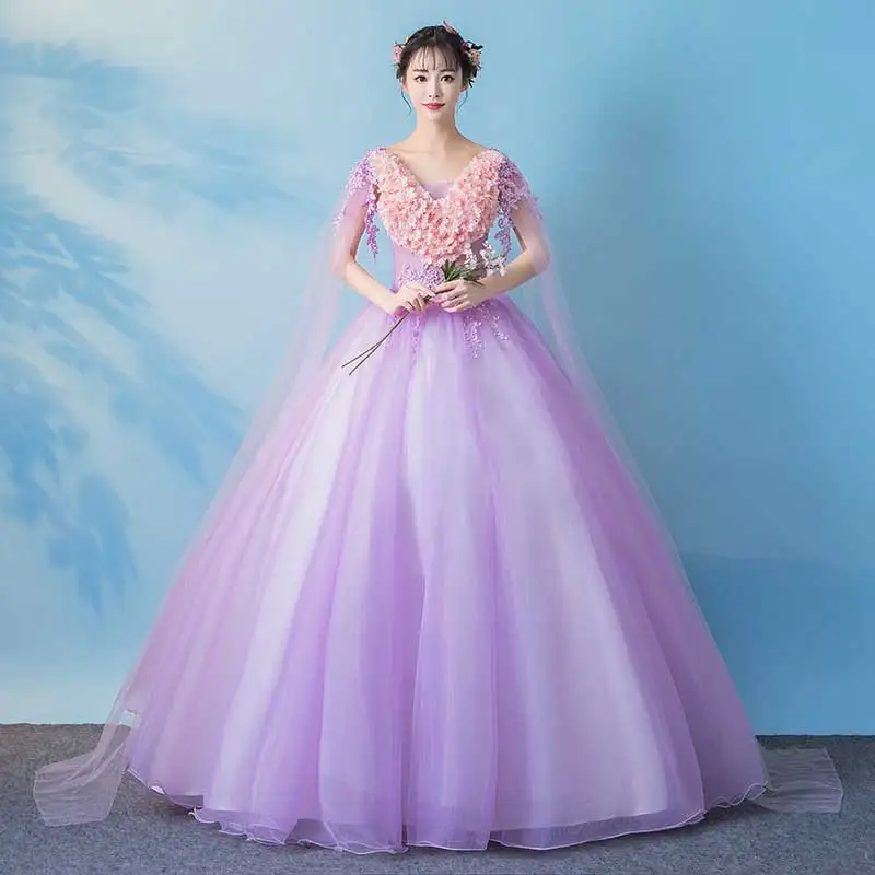 

100%real light purple flower lace embroidery waist masquerade ball gown stuido princess medieval dress/victorian belle ball
