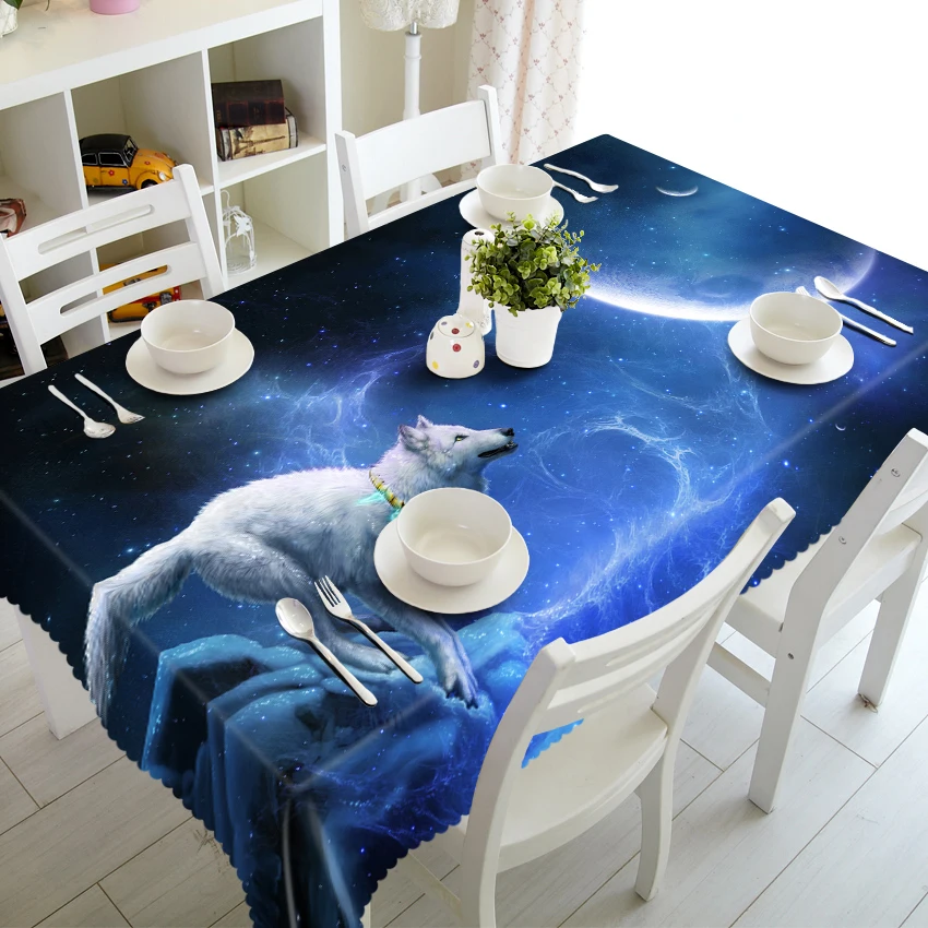 

3D Tablecloth Merry Christmas Starry Sky Space Wolf Pattern Washable Cloth Thicken Rectangular and Round Wedding Table Cloth