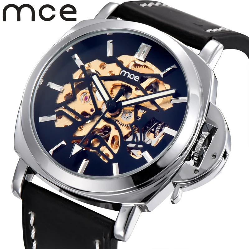 2018 new MCE brand Automatic Mechanical Watches for men fashion skeleton Watch simple Hand leather strap clock 3 colors 497/8