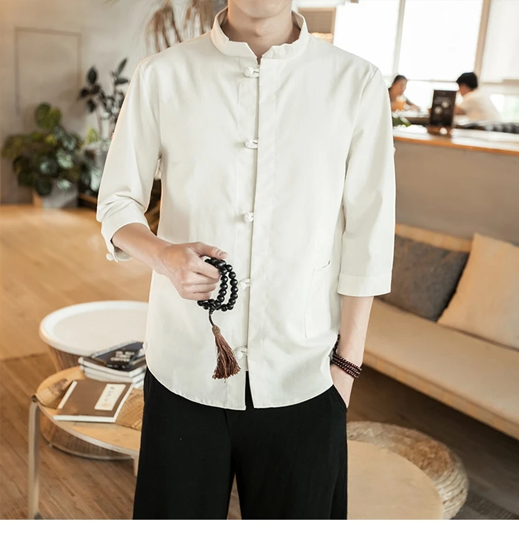 Cotton Linen Half Length Sleeve Shirts Men Kimono Traditional Harajuku