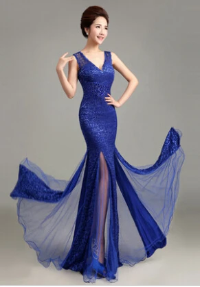 MJ445 Длинные вечерние платья vestido de festa Longo com Renda - Цвет: BLUE