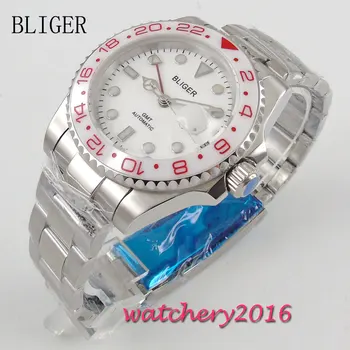 

NEW 40mm Bliger White Dial Luminous Hands Sapphire Crystal Analog GMT Automaic Movement Men's Mechanical Wristwatches