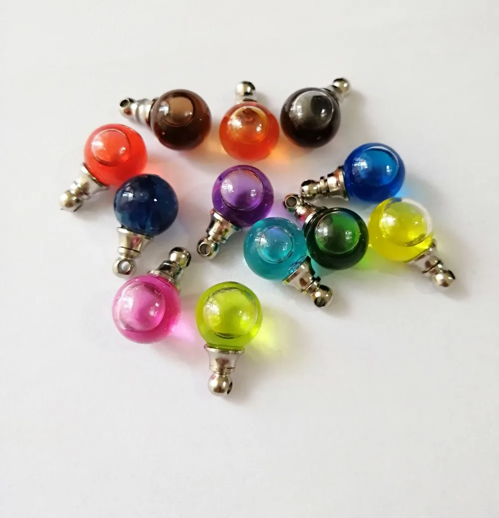 

new style 10mm round glass globe bottle with colorful liquid wishing vial cap can open for jewelry necklace finding-color option
