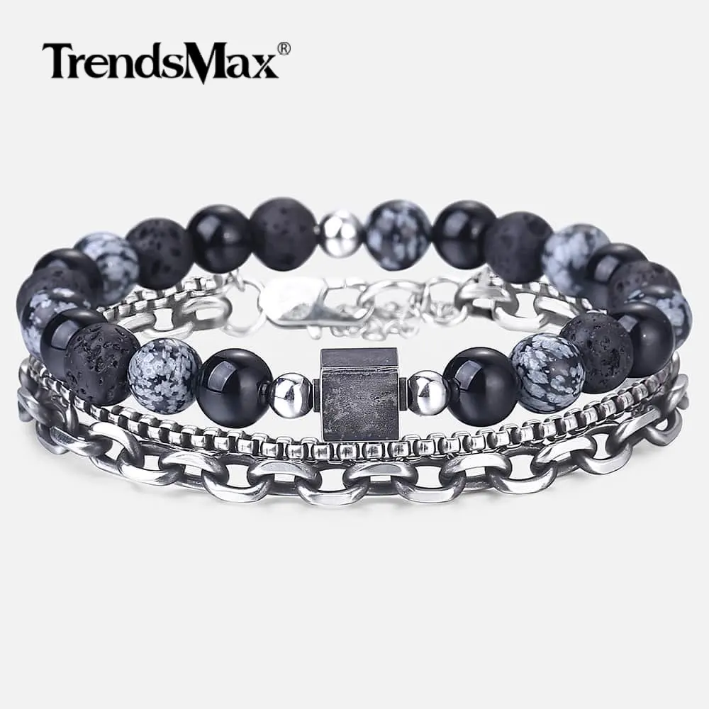 

Set of 2 Black Volcanic Lava Stone Onyx Bracelets Chain Snowflake Obsidian Bracelet For Men Punk Gifts Double Chain HDLBF31