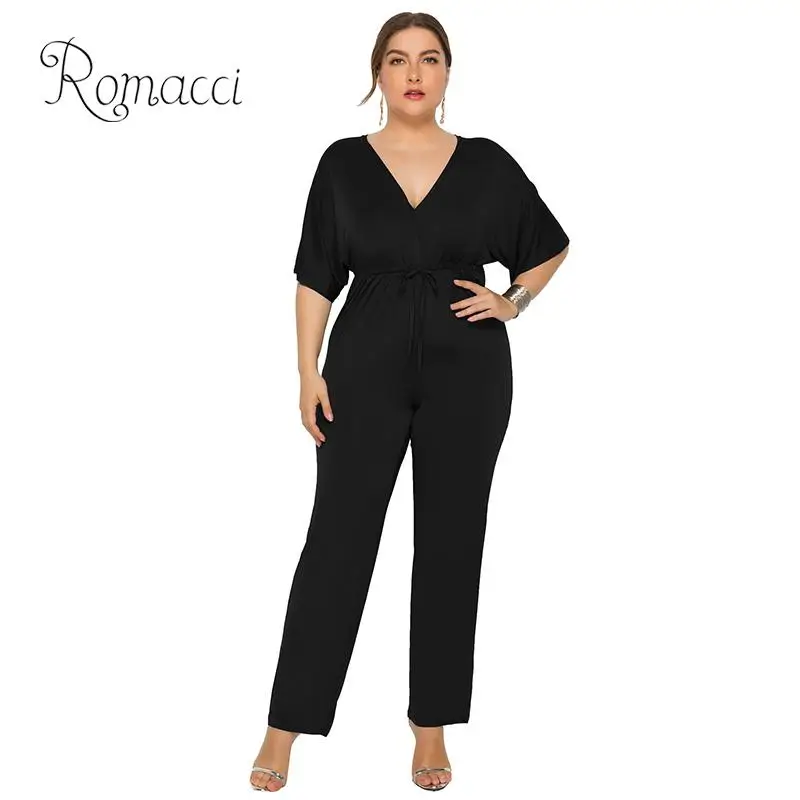 

Women Plus Size Jumpsuits Batwing Sleeves Deep V Neck V Back Drawstring High Waist Solid Rompers Casual Pants