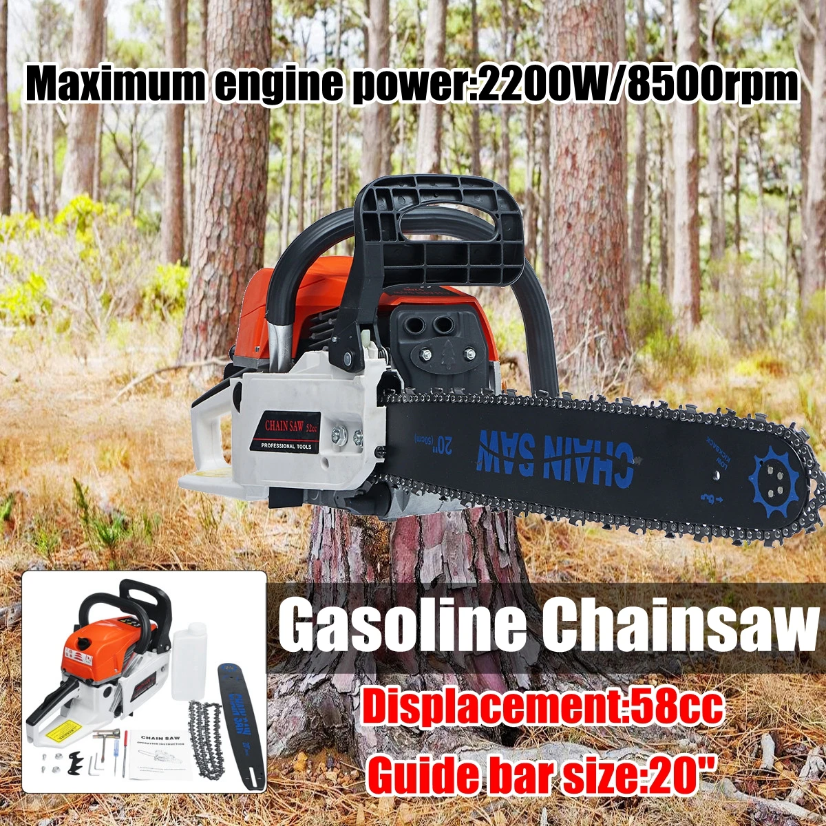 

Professional Chainsaw 20 inch 2400W Bar Gas Gasoline Powered Chainsaw 58CC Engine Cycle Chain Saw