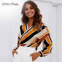 WildPinky Contrast Stripe Bow Tie Spliced Blouse Women Spring Summer V Neck Long Sleeve Top Multicolor Asymmetrical Blusas Mujer asymmetrical lace spliced tee