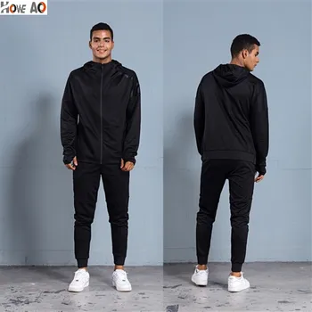 

HOWE AO Men's Fashion Sports Set 2 Pieces New O-neck Long Sleeves Hooded Coat+Running Trouser Casual Spring Autumn Sport suit