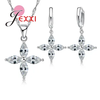 

New Fashion African AAA Crystal Stone Cross Pendant Necklace Earrings for Women 925 Sterling Silver Bridal Jewelry Sets