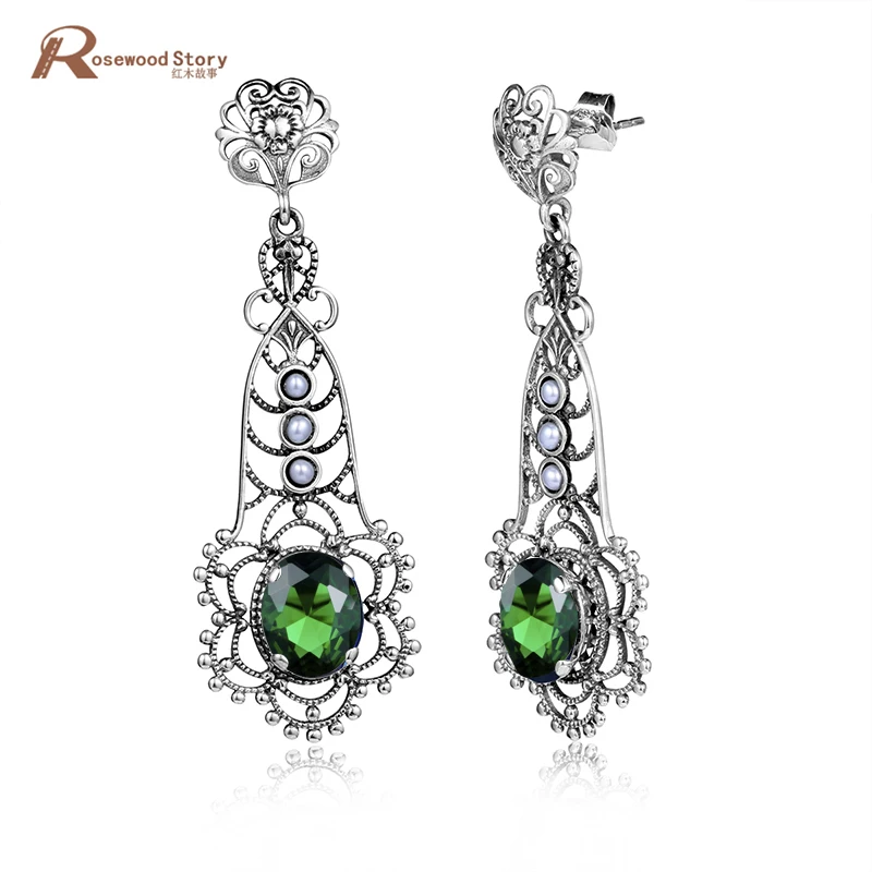 

Vintage Big Drop Earrings With Natural Pearl Green CZ Stone Hollow Out 925 Sterling Silver Earrings For Women Wedding Jewelry