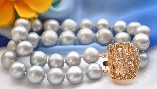 

00801 2row 8"11-12mm ROUND GRAY FRESHWATER PEARL BRACELET