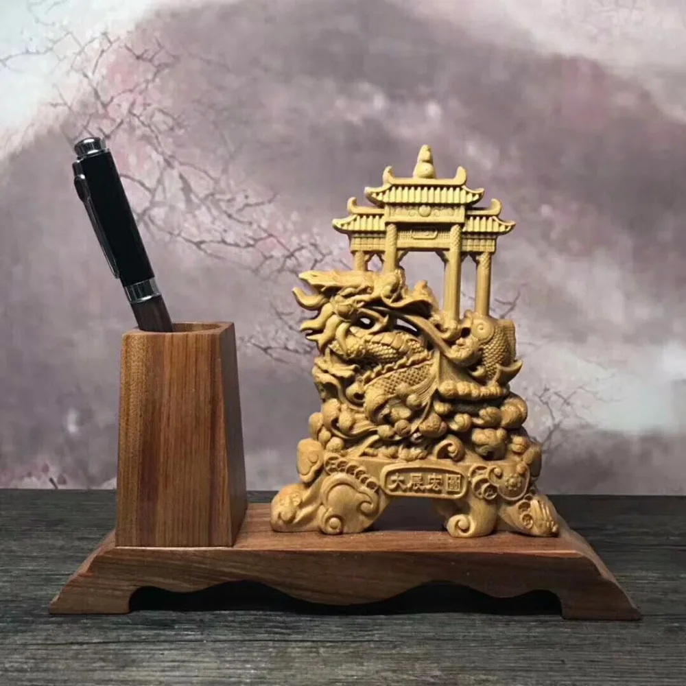 

TNUKK Beautifully carved wood carving arborvitae lucky town house out of Home Furnishing Decor desk Chinese ornaments.