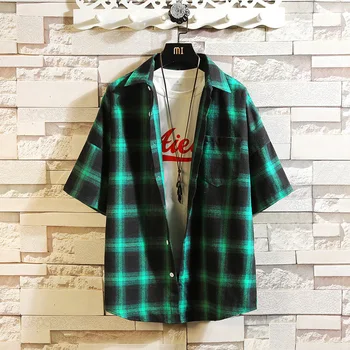 

#0111 Summer Plaid Shirt Men Short Sleeve Lapel Collar Plus Size 4XL 5XL Japanese Style Casual Shirt Men Loose Streetwear Tide