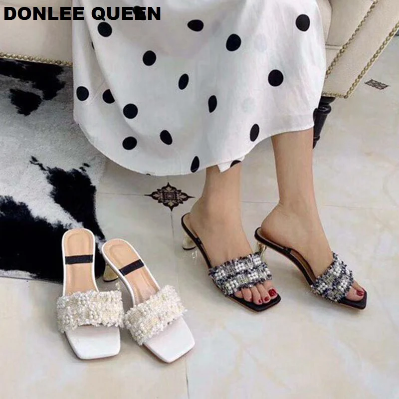 

DONLEE QUEEN Brand Pearl Slippers Shoes Women Slip On Slides Metal Heel Sandals Hemp String Bead Shoes Med Heel Party Dress Shoe