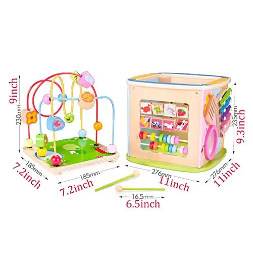 BigNoseDeer Wooden toys Activity Cube Learning Beads wire Maze Parking game Center 5 in 1 for toddlers Gift08