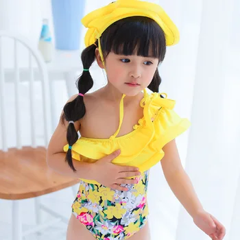 

Girls Floral 1-piece Swimsuit with Swimming Cap for Beach Swimming Pool FJ88