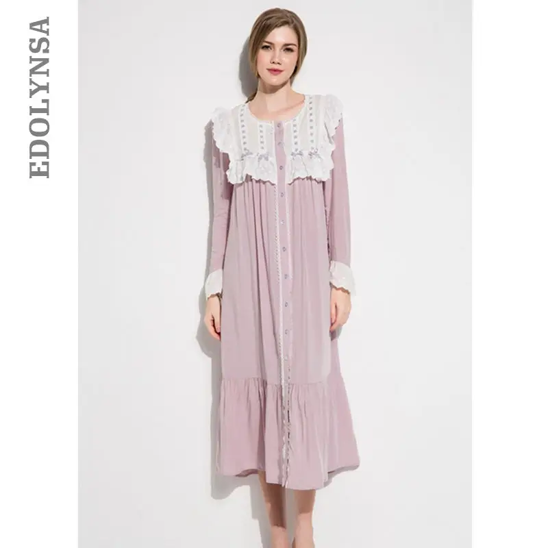 

Women Classic Princess Nightgown Flare Sleeve Victorian Night Wear Lavender Front Open Sleepwear Lingerie Loose Peignoir T103