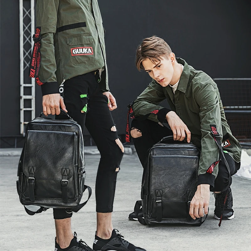 

2019 British Style New men Casual backpack male laptop backpack PU Leather shoulders bag schoolbags for teenagers Z223