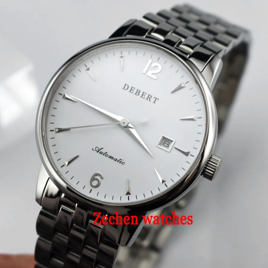 

Debert 40mm Date Sapphire Glass sliver case White Dial Automatic Men's Watch Arabic number and roma marks mens watch