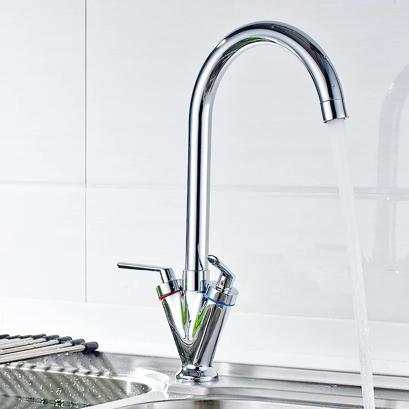 Fapully Dual Handle Kitchen Sink Tap Deck Mounted Chrome kitchen mixer 360 Degree Rotating Swivel Cold Hot Kitchen Faucets 