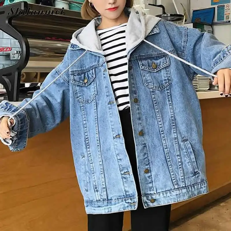 

Harajuku Autumn Denim Jacket Women 2019 Fashion Long Sleeve Boyfriend Hooded Jeans Jacket Vintage Oversize Female Outwear Coat