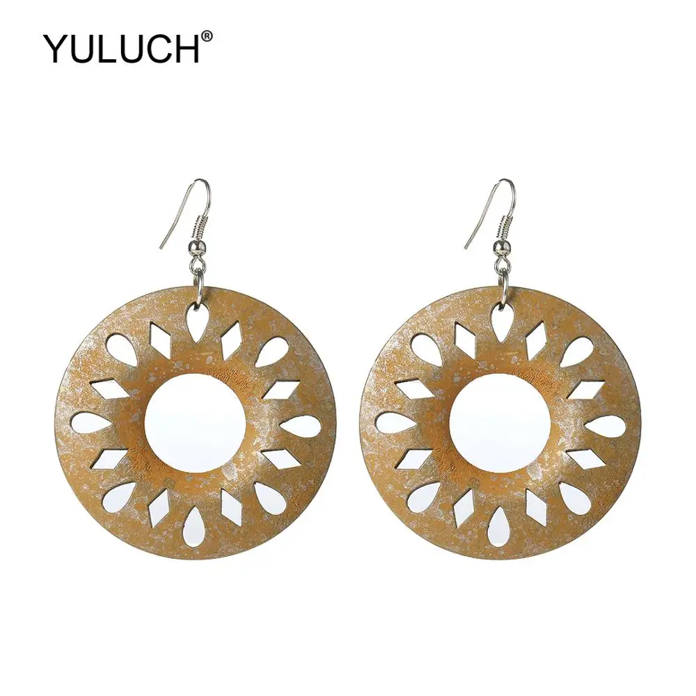 YULUCH 2019 Fashion Jewelry Women Vintage Imitation Rust Blue Hollow Wooden Pendant Earrings Round Big Dangle For Party | Украшения и
