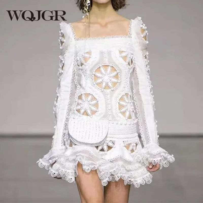 

WQJGR Fashion Dresses Woman Long Sleeve High Waist Dress Slash Neck Hollow Out White and Black Lace Dress