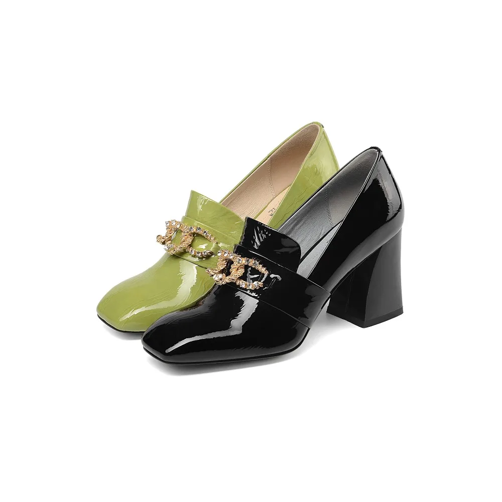 

Simple and elegant luxury brand full leather rhinestone rough with women's single shoes square head fashion high heels women