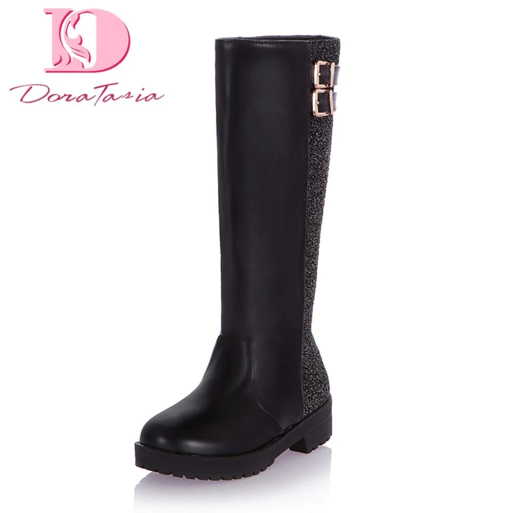 

DoraTasia plus sizes 34-40 Square Heels Slip On Hot Sale Shoes Woman Boots Woman Shoes Platform Buckles Mid Calf Boots Female