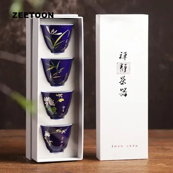 

75ml Jingdezhen Teacup Ceramic Porcelain Blue Glaze Art 4PCS Small Tea Cup Gift Box / Office Master Drinkware Tea Bowls Decor