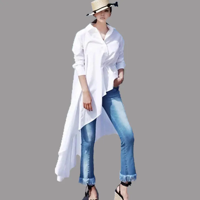 

SuperAen Spring and Autumn New Fashion Women Long Shirts Solid Color Cotton Europe Ladies Blouses Temperament Irregular 2018