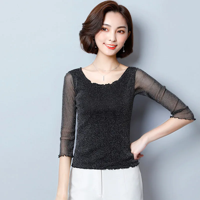 Spring Summer New Female Blouses Three Quarter Sleeve Mesh Tops O Neck