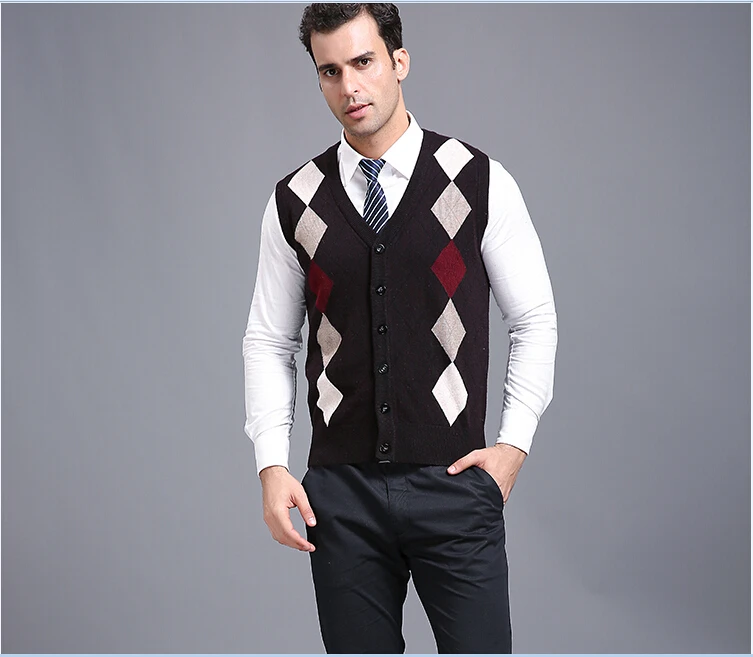 High quality autumn men v neck sleeveless argyle cashmere sweater vest cardigan(China (Mainland