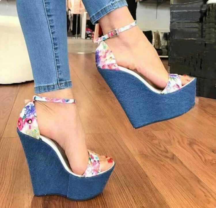 

NAUSK 2019 New Designer Print Denim Sandals Roman Sandals High Quality Wedges High Heels Peep-Toe Platform Shoes Woman
