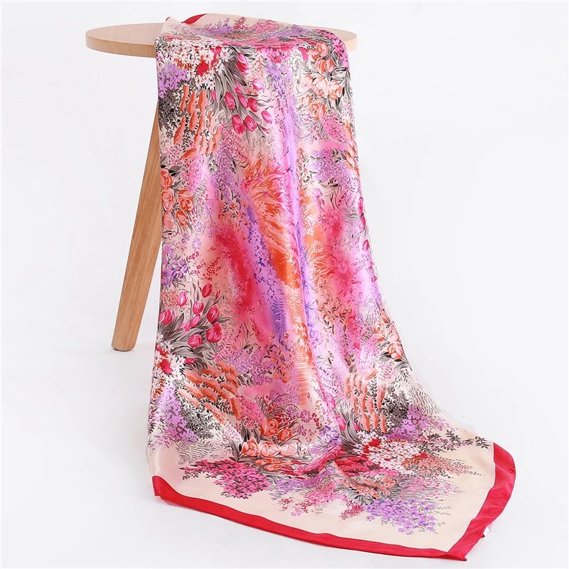 

2019 New Female Large Square Silk Scarf Women Floral Print Satin Scarves Lady Foulard Headband Pashmina Wrap Shawls