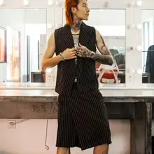 Костюм для клуба мужской жилет в полоску куртка без рукавов пикантные брюки для девочек брюки комплект из 2 предметов для мужчин парикмахер панк хип хоп р