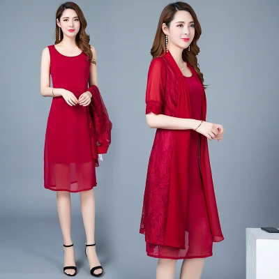 Женское летнее платье среднего возраста, корейское винтажное платье с принтом из двух частей размера плюс, элегантное Модное шифоновое платье для офиса и работы - Цвет: red